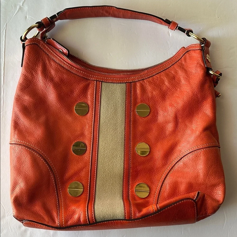 🔥 Milly Orange Coral Leather Carryall Hobo Shoulder Bag Gold Studs Suede Accent